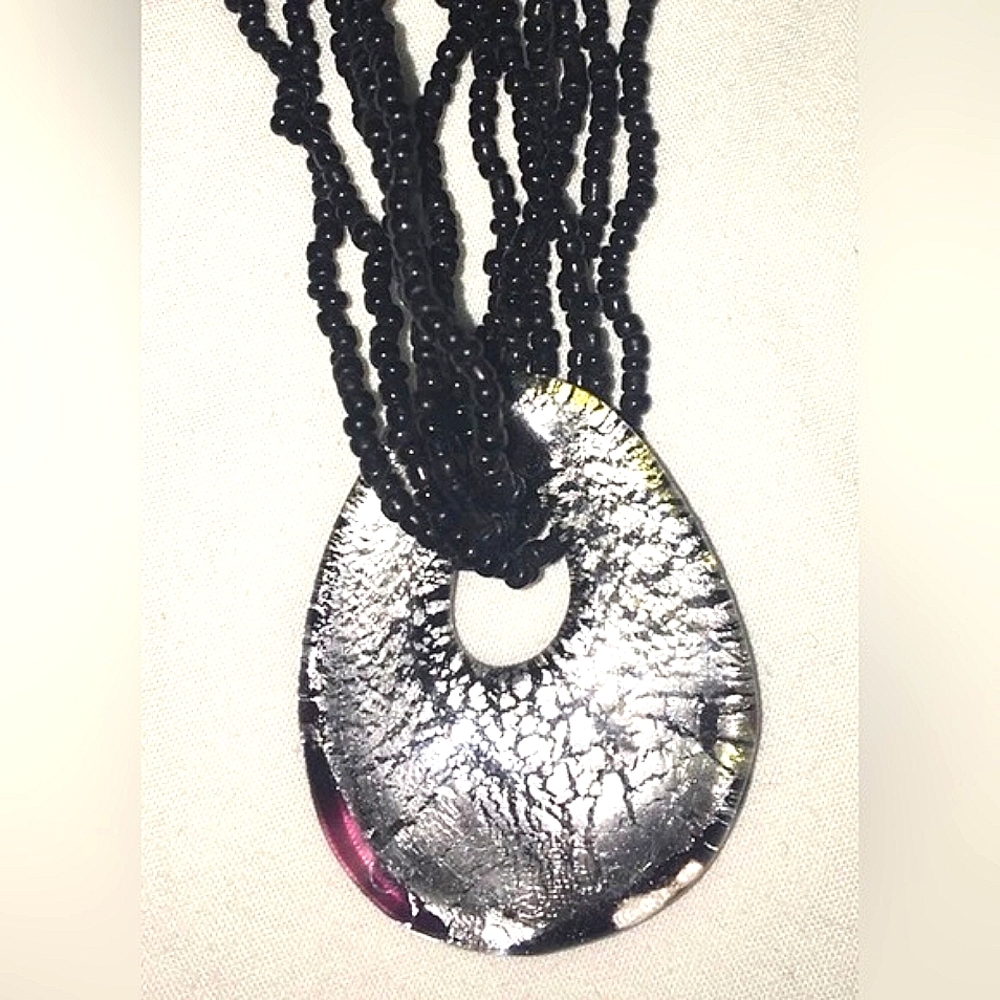 Vintage 6 Strand Black & Iridescent Silver Glass Pendant Necklace